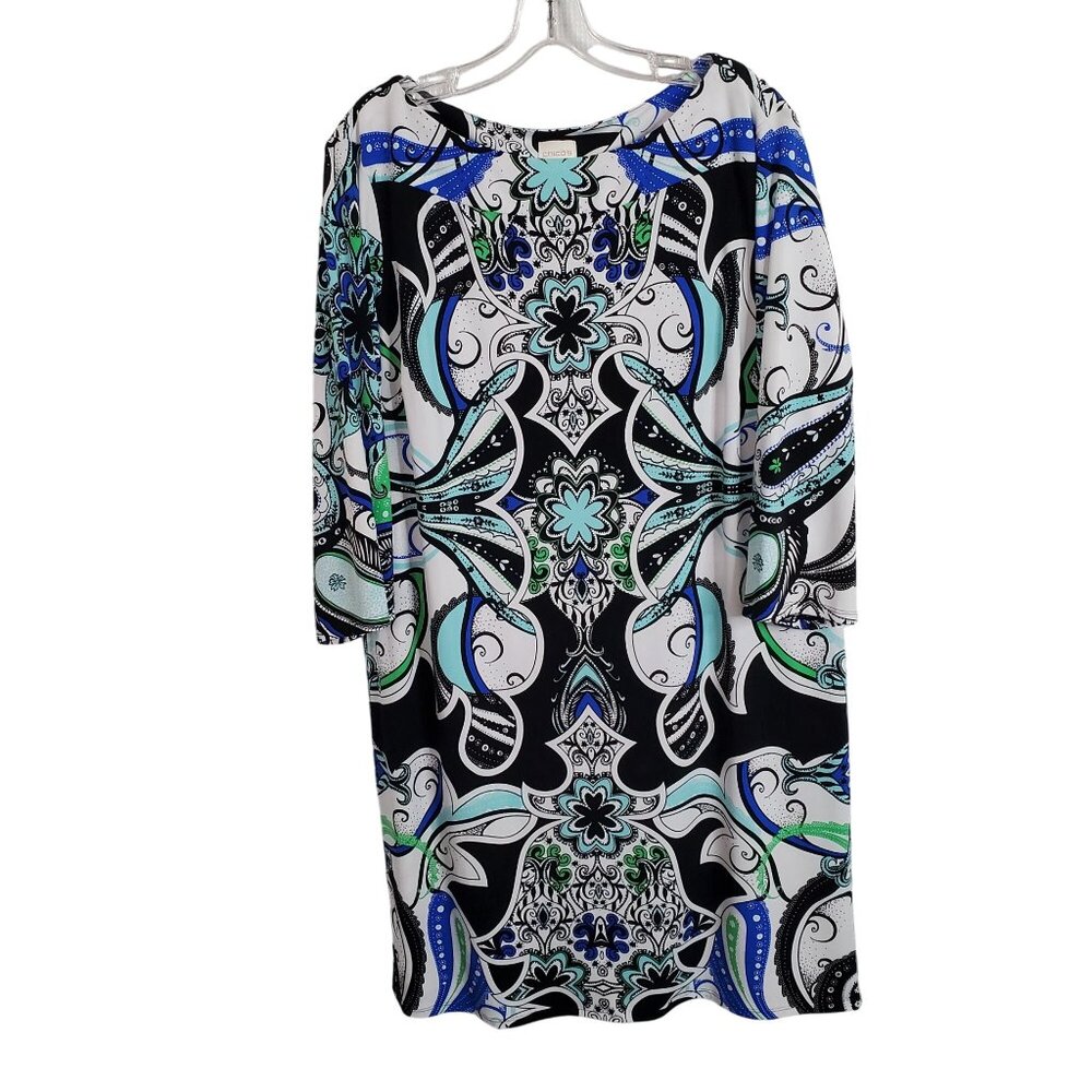 Chicos XL Size 3 Dress Paisley Floral Jersey Knit Intricate Print Vibrant Knee - Picture 2 of 12